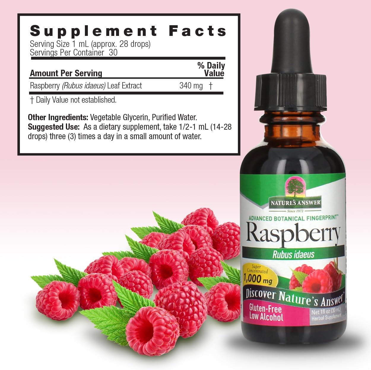 Organic Alcohol Raspberry Leaf Extract - 1oz | NonGMO, Kosher, Gluten Free | Promotes Health & Digestive Comfort