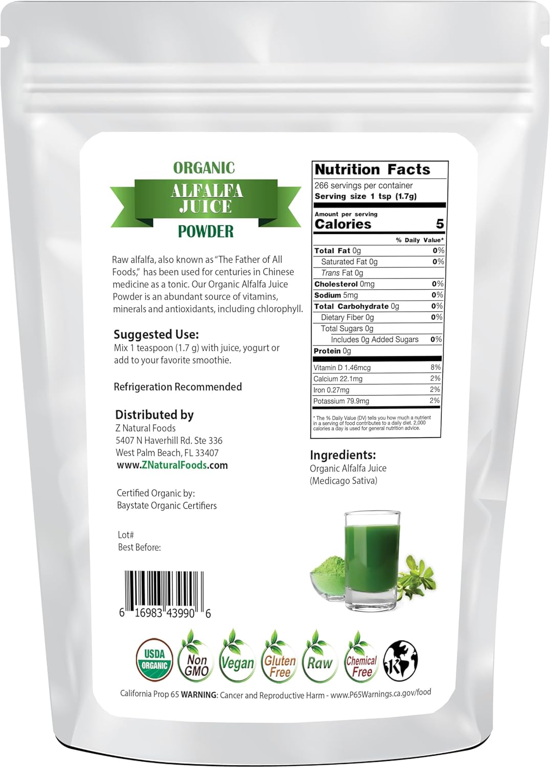 Organic Alfalfa Juice Powder - Green Superfood Mix for Smoothies & Recipes - Raw, Non GMO, Vegan, Gluten Free - 1 lb Pack