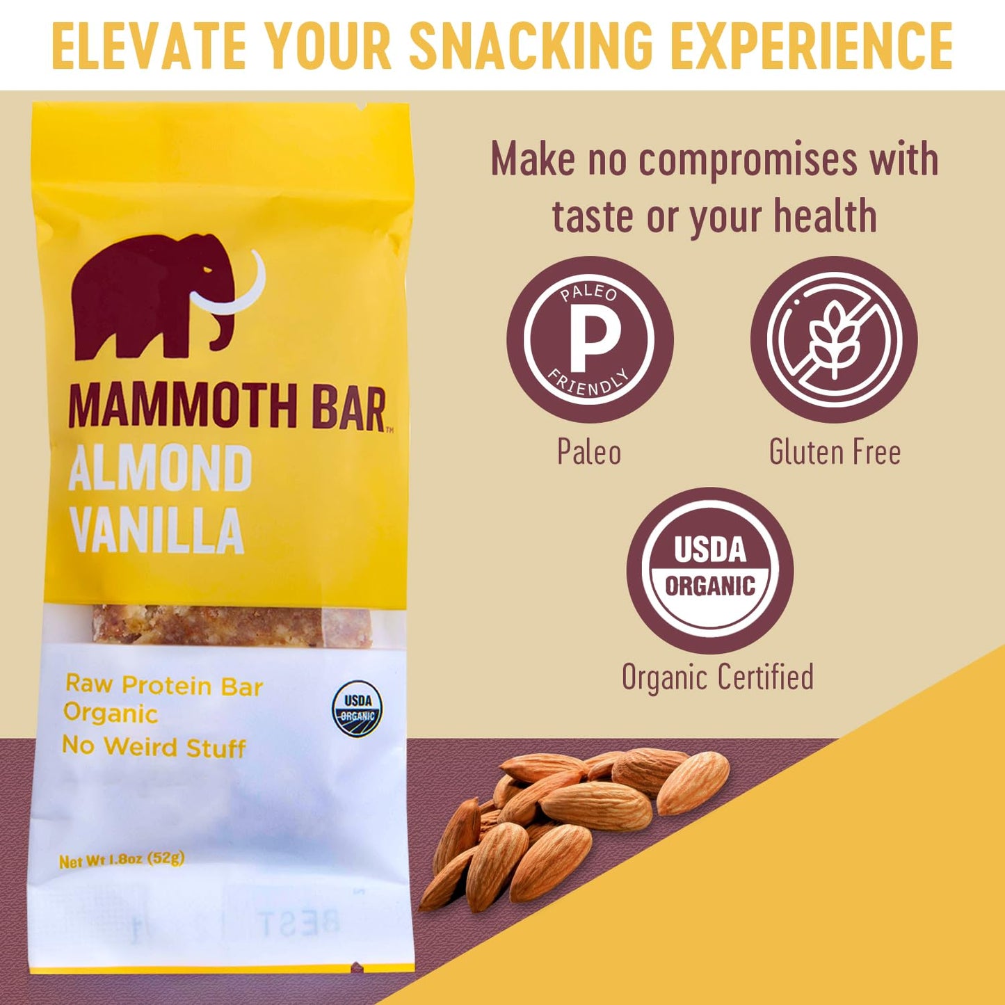 Organic Almond Vanilla Protein Bar with 10g Protein - Paleo, Gluten Free, Raw - Premium Ingredients