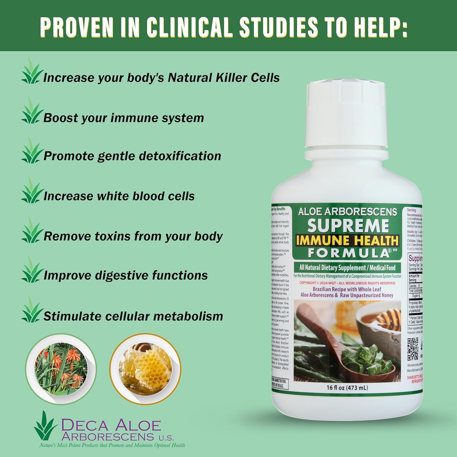 Organic Aloe Arborescens Juice with Raw Honey - Immune Health Formula - 16oz Bottle for Adults & Kids