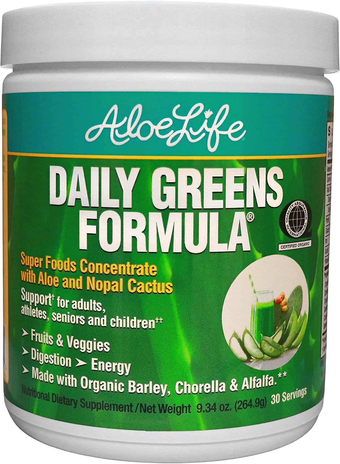 Organic Aloe Life Daily Greens Powder with Antioxidants - 21 Fruits, Veggies, & Herbs, Keto-Friendly & Gluten-Free Supplement (30 Servings)