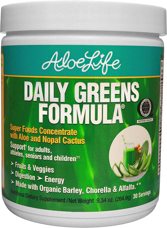 Organic Aloe Life Daily Greens Powder with Antioxidants - 21 Fruits, Veggies, & Herbs, Keto-Friendly & Gluten-Free Supplement (30 Servings)