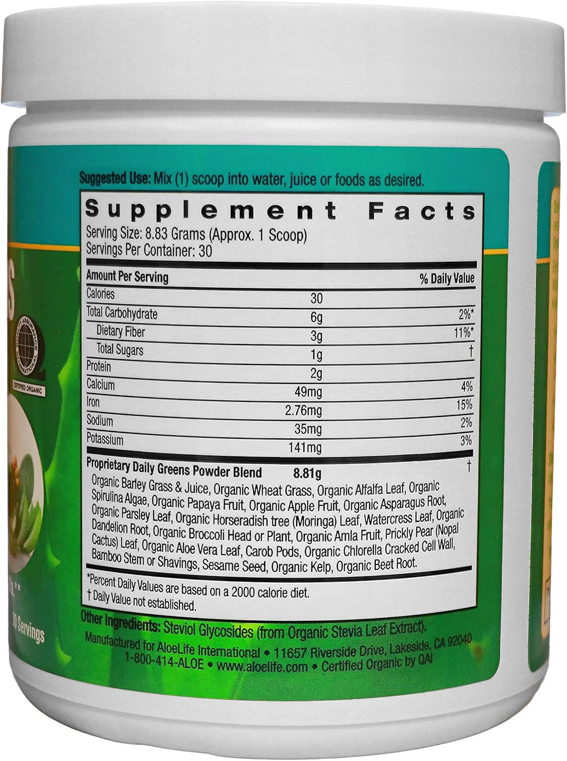 Organic Aloe Life Daily Greens Powder with Antioxidants - 21 Fruits, Veggies, & Herbs, Keto-Friendly & Gluten-Free Supplement (30 Servings)