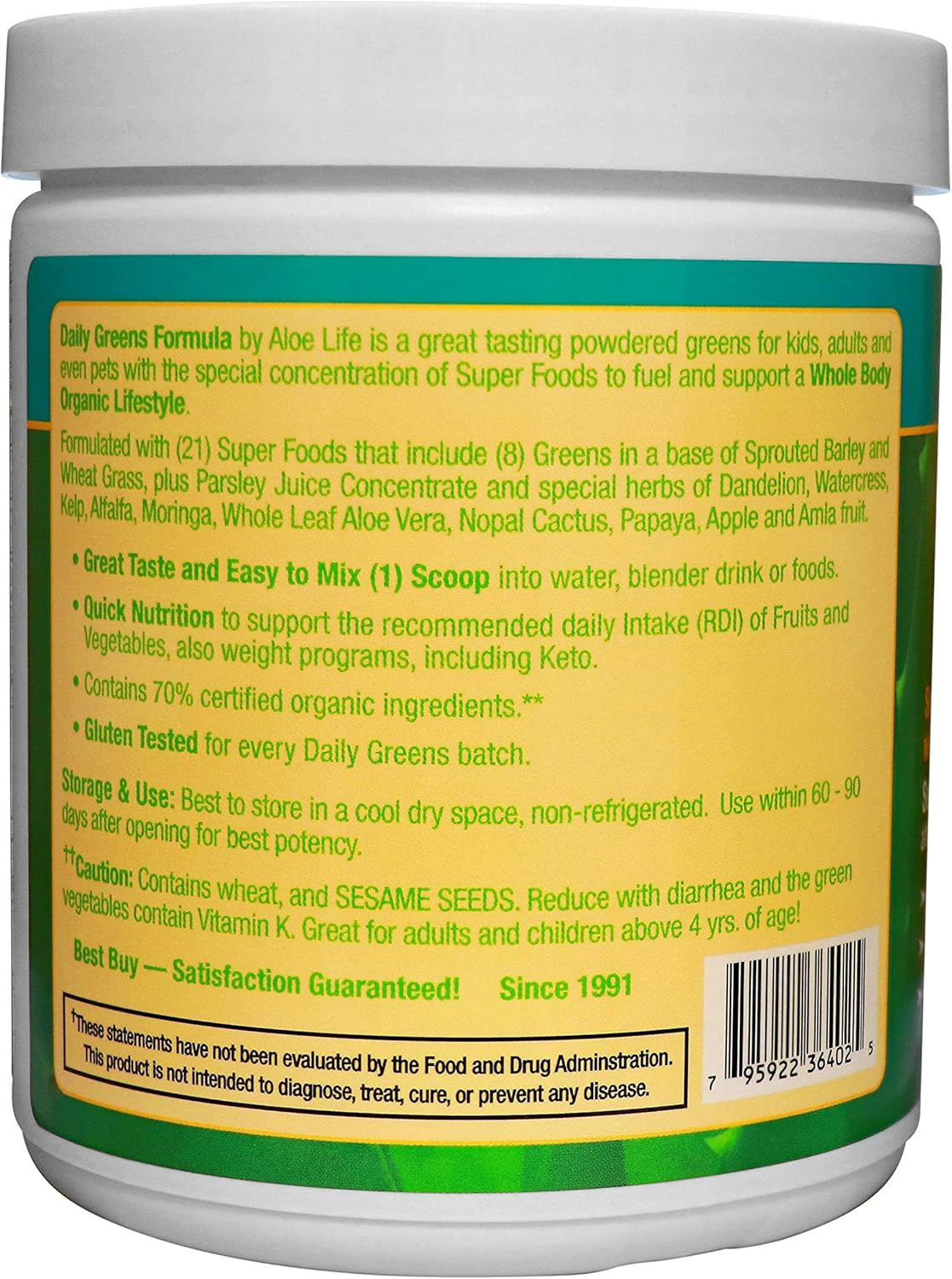 Organic Aloe Life Daily Greens Powder with Antioxidants - 21 Fruits, Veggies, & Herbs, Keto-Friendly & Gluten-Free Supplement (30 Servings)