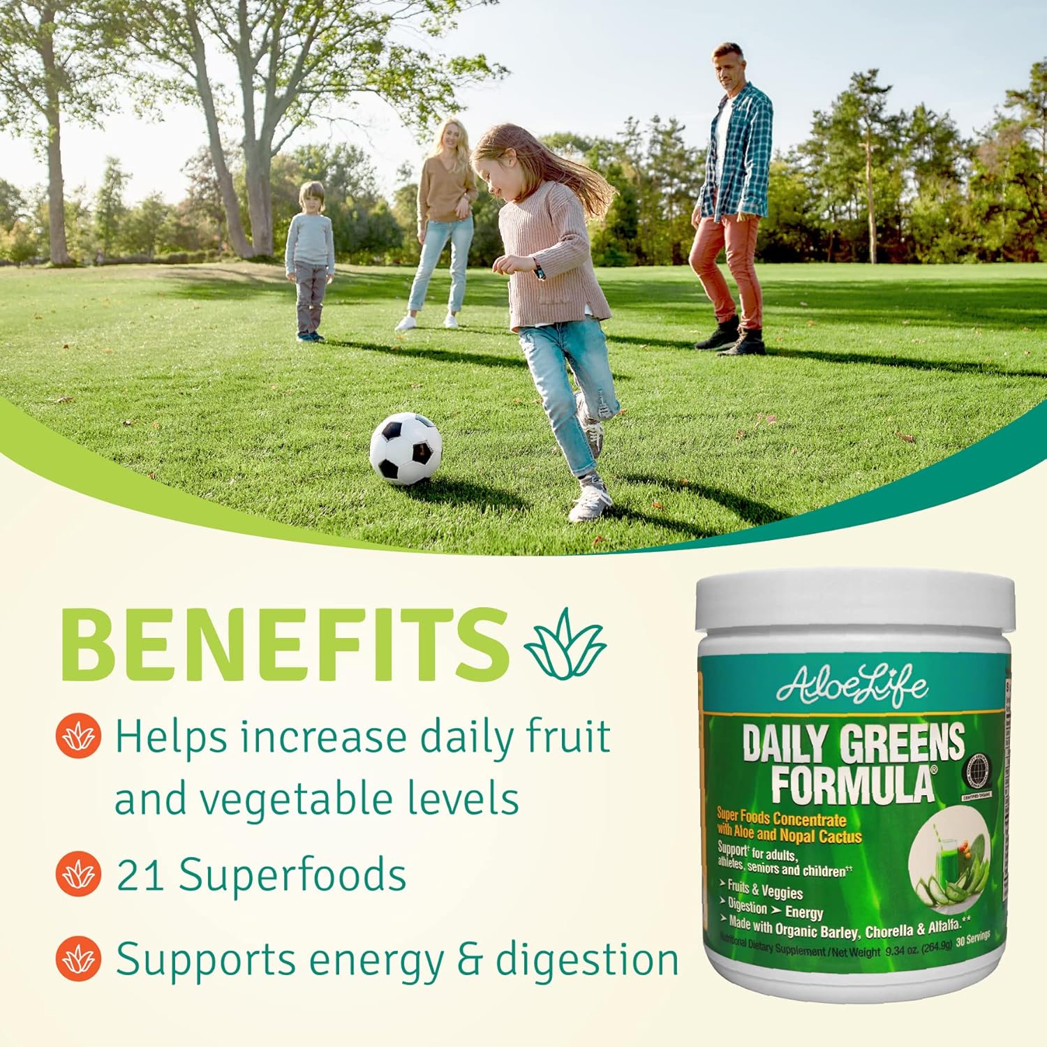 Organic Aloe Life Daily Greens Powder with Antioxidants - 21 Fruits, Veggies, & Herbs, Keto-Friendly & Gluten-Free Supplement (30 Servings)