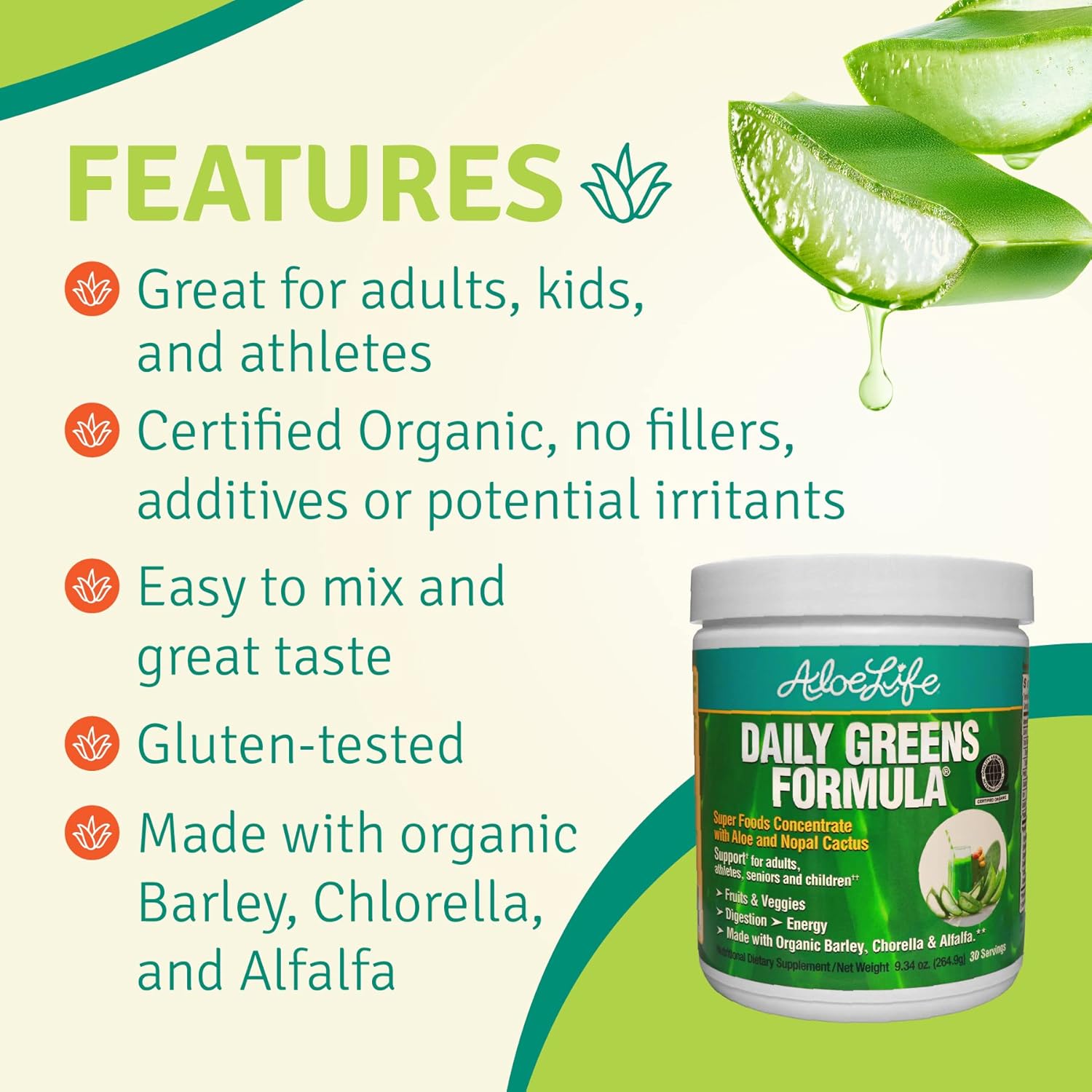 Organic Aloe Life Daily Greens Powder with Antioxidants - 21 Fruits, Veggies, & Herbs, Keto-Friendly & Gluten-Free Supplement (30 Servings)