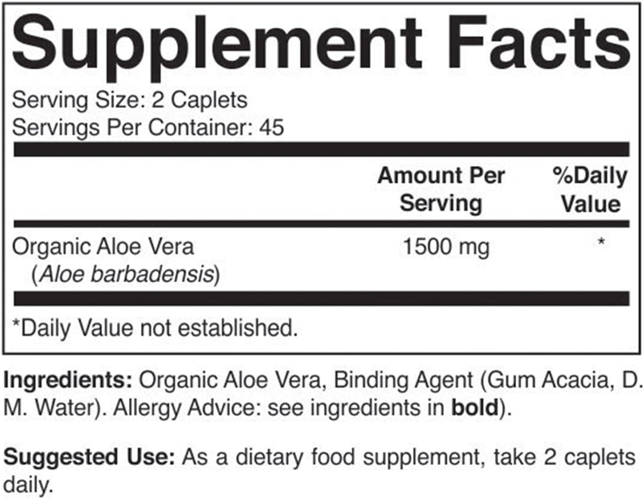 Organic Aloe Vera 1500mg Tablets - 45 Servings, Vegetarian & Gluten-Free