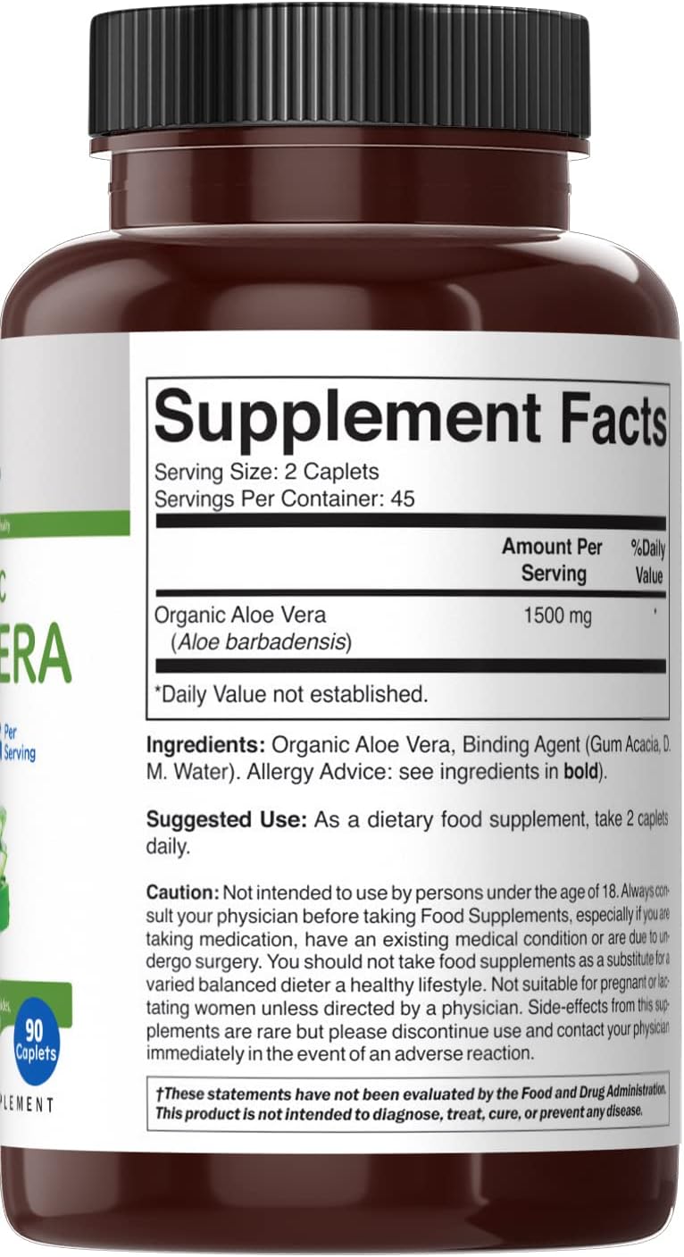 Organic Aloe Vera 1500mg Tablets - 45 Servings, Vegetarian & Gluten-Free