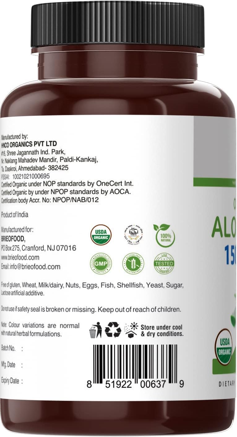 Organic Aloe Vera 1500mg Tablets - 45 Servings, Vegetarian & Gluten-Free