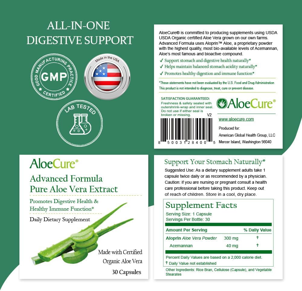 Organic Aloe Vera Capsules - 130,000mg Inner Leaf Equivalent, Gut Health Support, Digestive Comfort, Stomach Acid Buffer - Natural Immune Supplement, Aloin Free - 60 Capsules