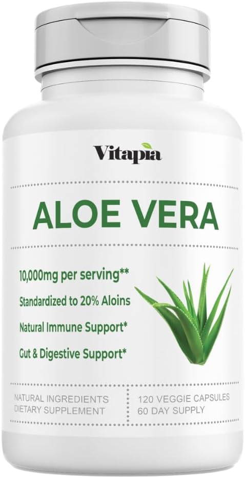 Organic Aloe Vera Capsules - 20% Aloins - Pure Inner Leaf Gel - Digestive, Gut Health, Skin, Immune - 120 Count Vegan Supplement