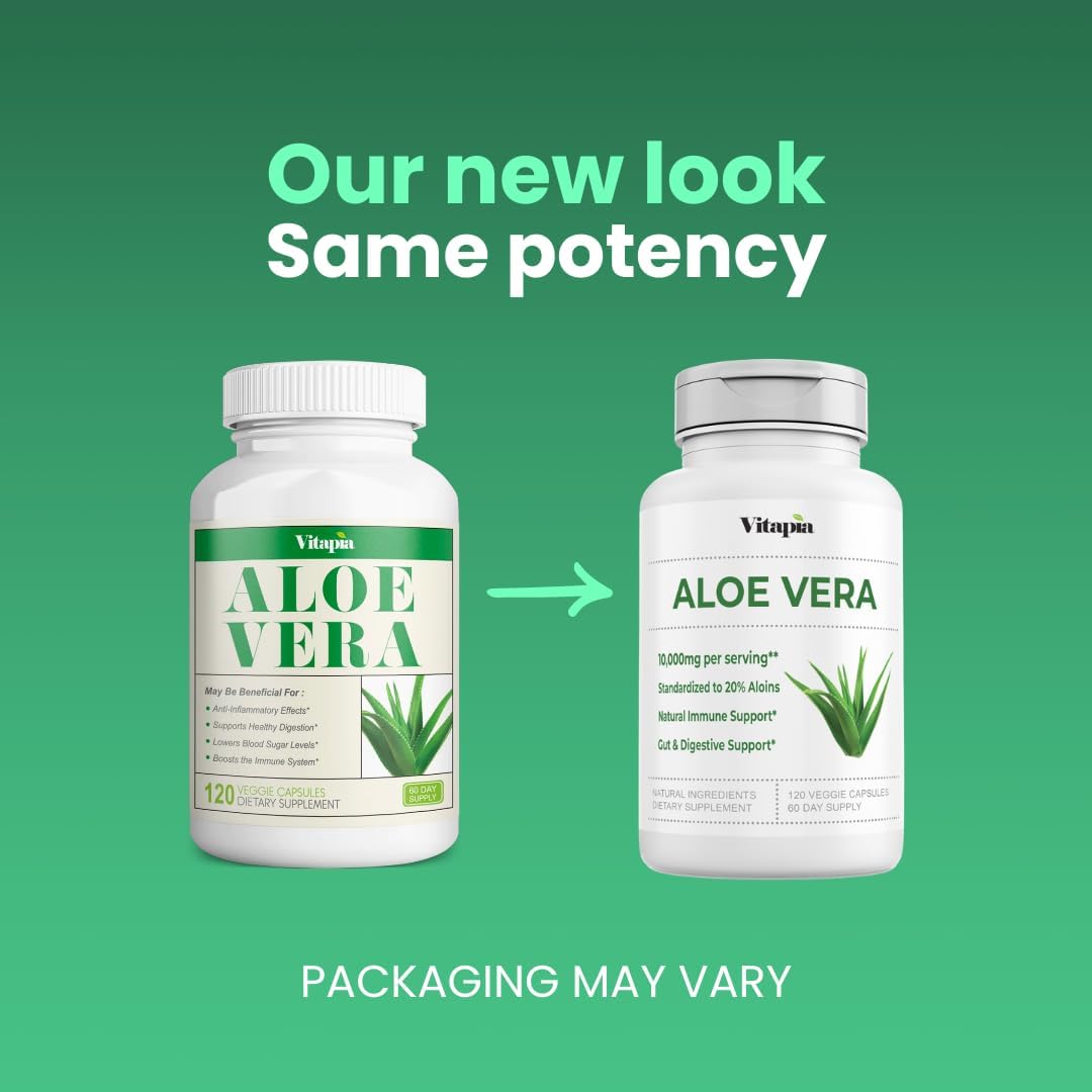 Organic Aloe Vera Capsules - 20% Aloins - Pure Inner Leaf Gel - Digestive, Gut Health, Skin, Immune - 120 Count Vegan Supplement