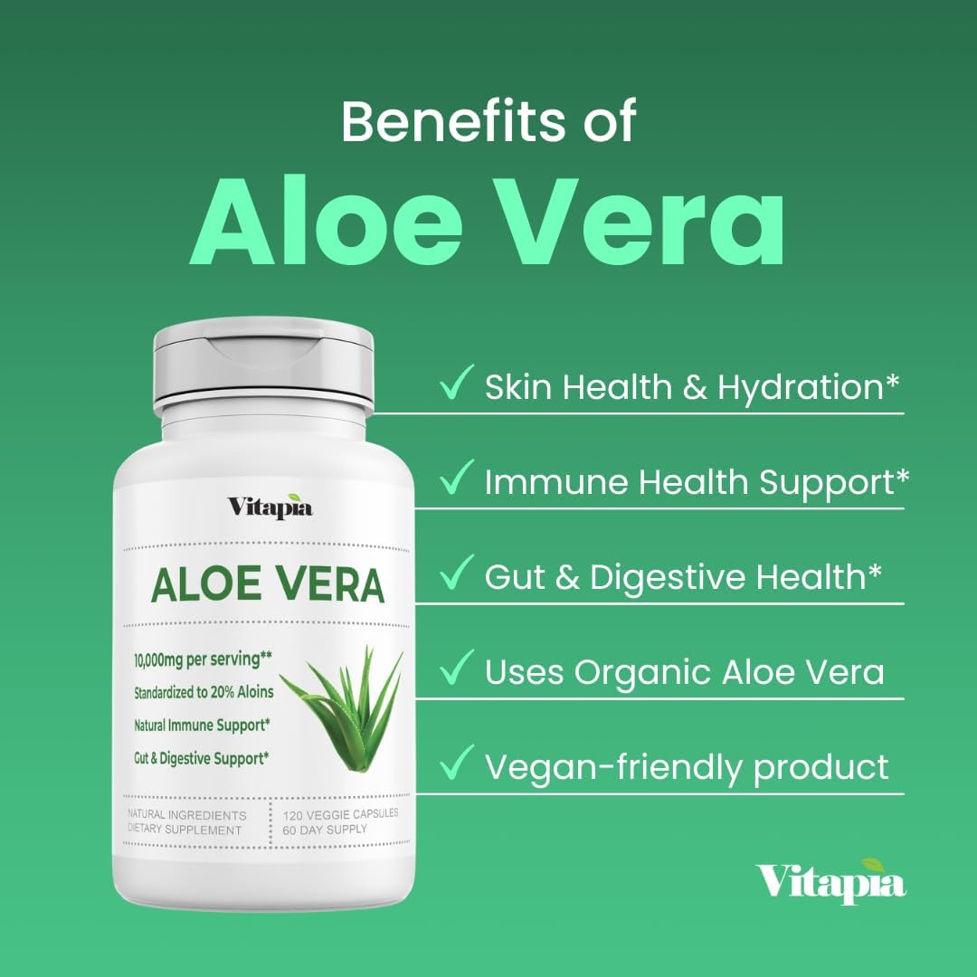 Organic Aloe Vera Capsules - 20% Aloins - Pure Inner Leaf Gel - Digestive, Gut Health, Skin, Immune - 120 Count Vegan Supplement