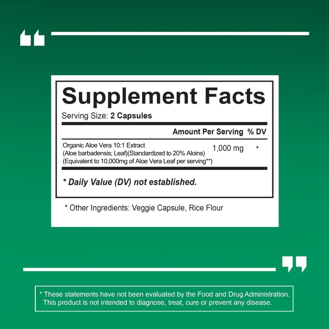 Organic Aloe Vera Capsules - 20% Aloins - Pure Inner Leaf Gel - Digestive, Gut Health, Skin, Immune - 120 Count Vegan Supplement