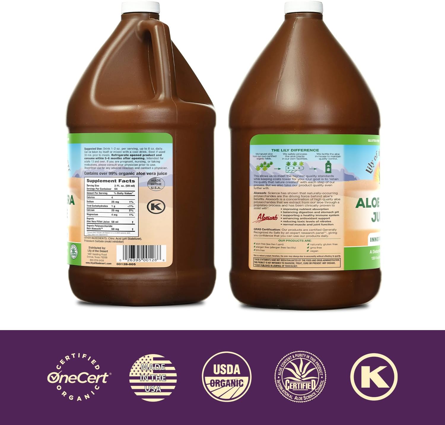 Organic Aloe Vera Juice - Inner Fillet Aloe Drink for Gut Health, Stomach Relief, Wellness, Glowing Skin - 128 Fl Oz