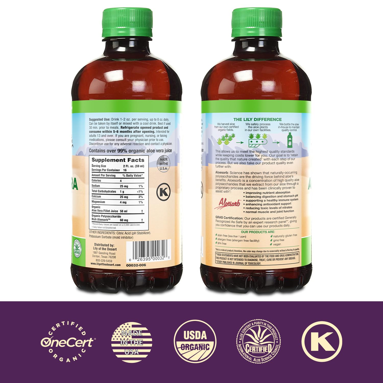 Organic Aloe Vera Juice - Inner Fillet Drink for Gut Health and Glowing Skin - 32 Fl Oz