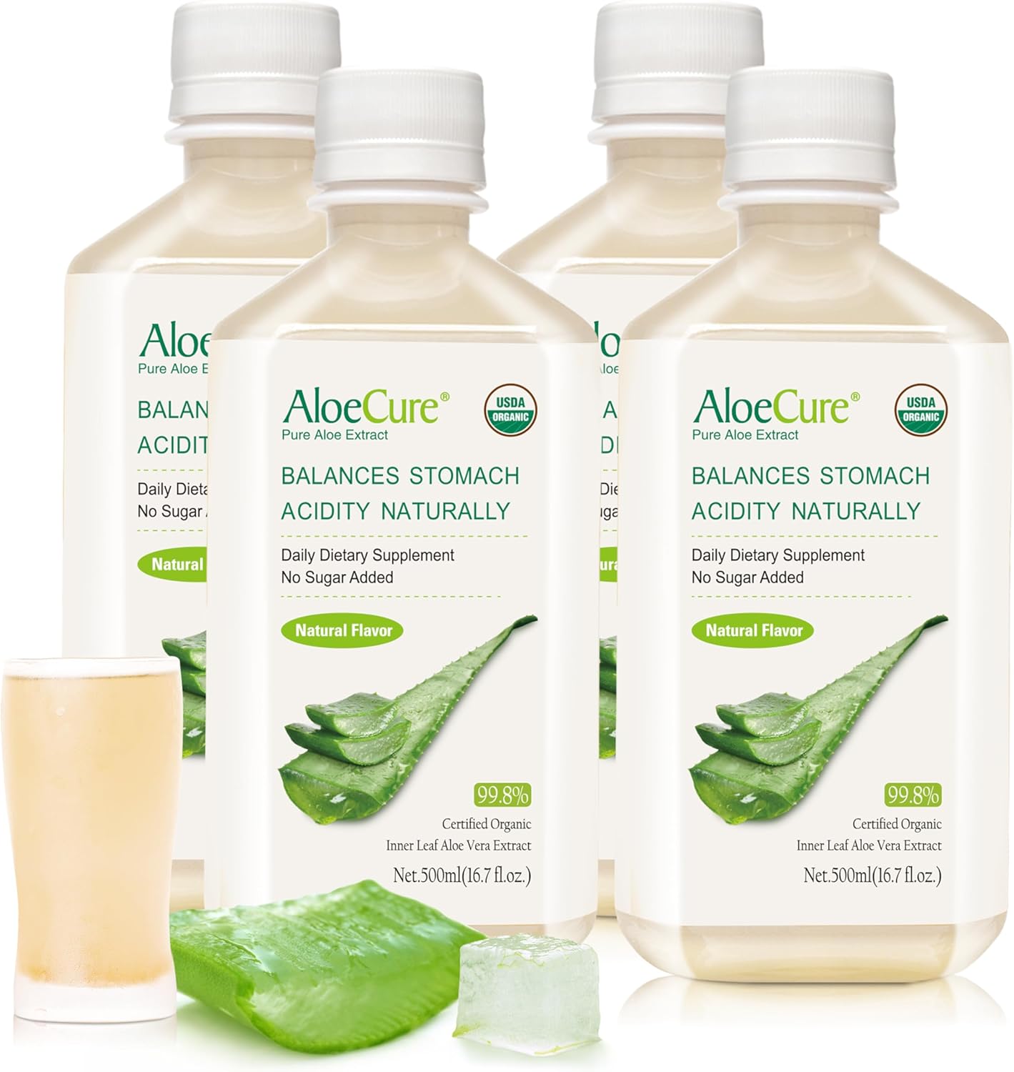 Organic Aloe Vera Juice for Digestion & Immune Support - Pure Aloe Digestive Supplement - 4 x 500ml Bottles