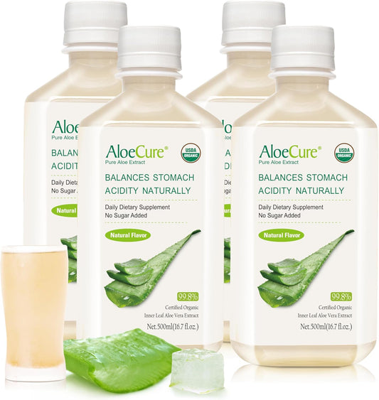 Organic Aloe Vera Juice for Digestion & Immune Support - Pure Aloe Digestive Supplement - 4 x 500ml Bottles