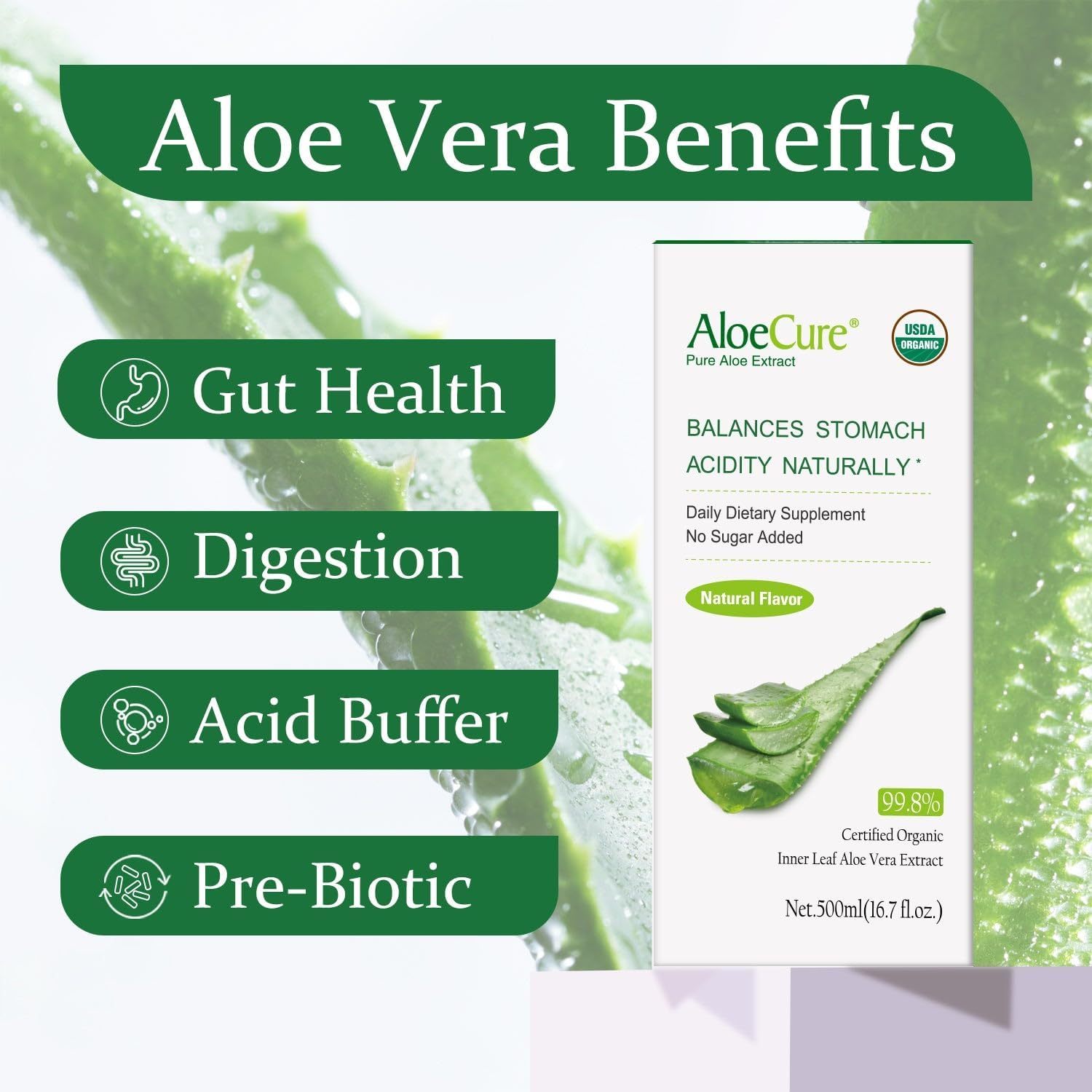 Organic Aloe Vera Juice for Digestion & Immune Support - Pure Aloe Digestive Supplement - 4 x 500ml Bottles
