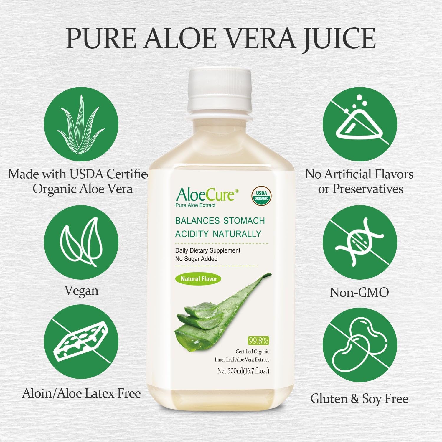 Organic Aloe Vera Juice for Digestion & Immune Support - Pure Aloe Digestive Supplement - 4 x 500ml Bottles