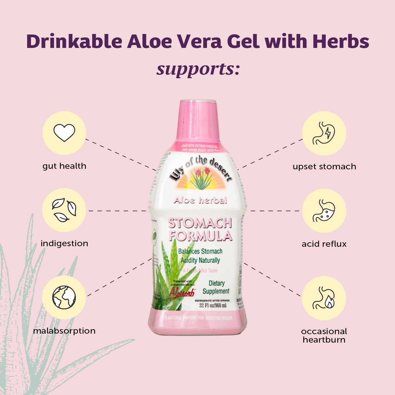 Organic Aloe Vera Juice Stomach Formula with Slippery Elm, Chamomile, Peppermint, Ginger - 32 Oz - Gut Health, Acid Reflux Relief