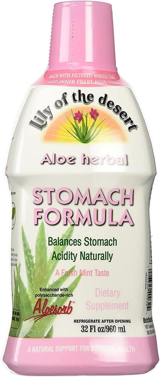Organic Aloe Vera Juice with Slippery Elm, Chamomile, Peppermint, Ginger - Stomach Formula for Gut Health, Acid Reflux Relief - 32 Oz