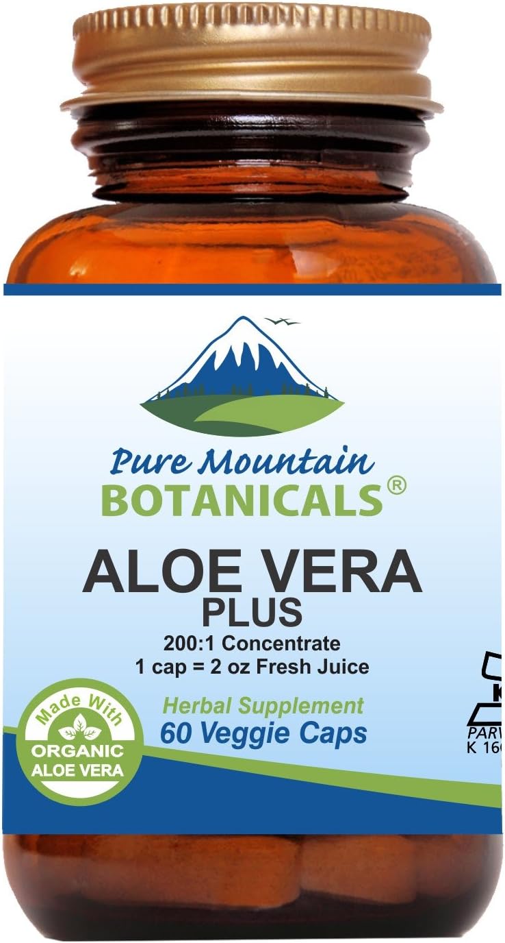 Organic Aloe Vera Plus Capsules with Marshmallow Root and Slippery Elm. 200:1 Extract, Kosher Dried Gel - Pure Mountain Botanicals