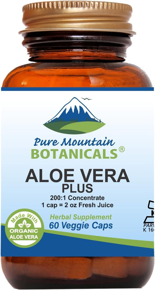 Organic Aloe Vera Plus Capsules with Marshmallow Root and Slippery Elm. 200:1 Extract, Kosher Dried Gel - Pure Mountain Botanicals