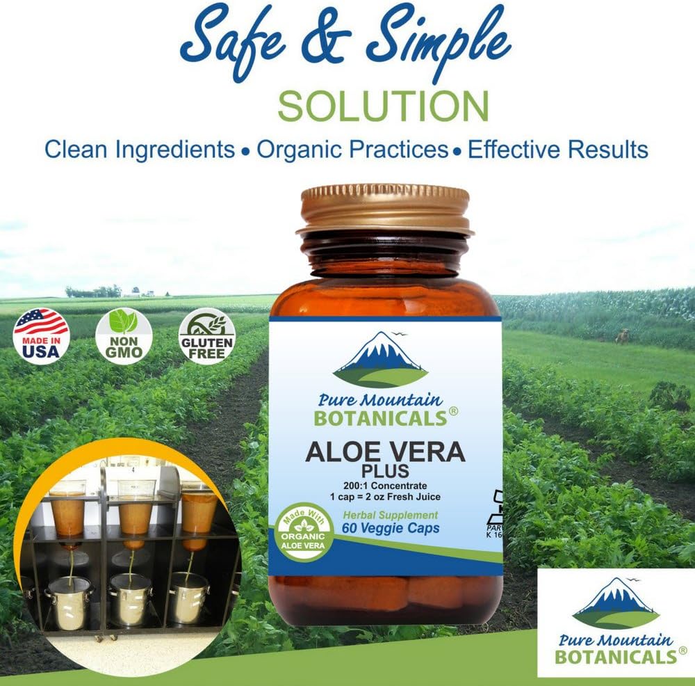 Organic Aloe Vera Plus Capsules with Marshmallow Root and Slippery Elm. 200:1 Extract, Kosher Dried Gel - Pure Mountain Botanicals