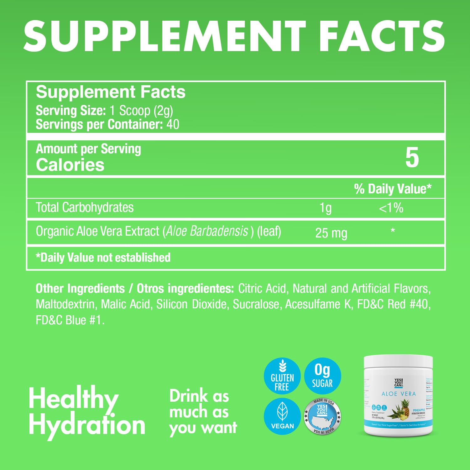 Organic Aloe Vera Powder Drink Mix - Hydration Booster with Pure Aloe Juice - Made in USA - Antioxidant Rich - Pineapple Flavor - 40 Servings