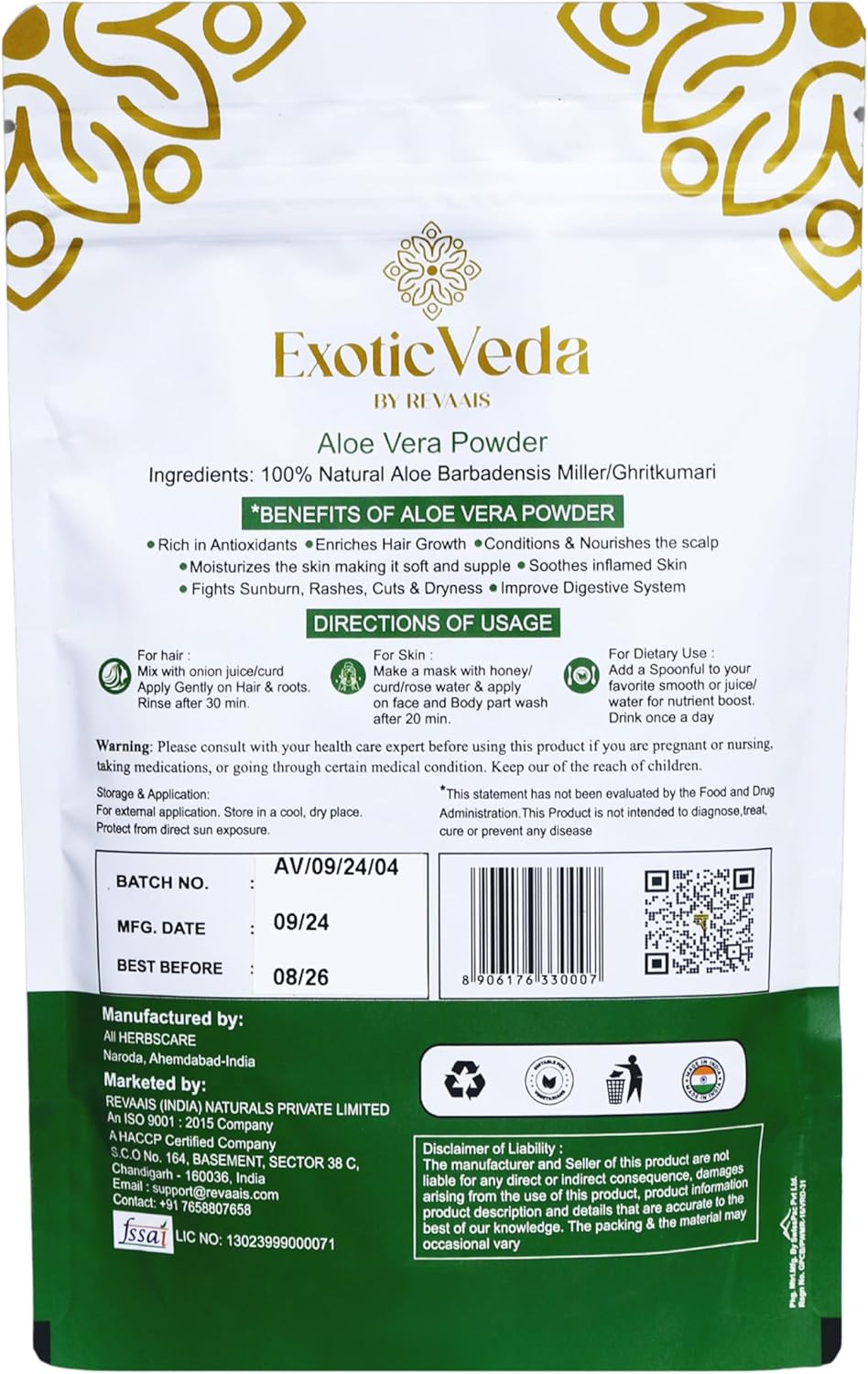 Organic Aloe Vera Powder for Hair, Skin, and Face - Premium Blend with Amla, Neem, and Horticultural Aloe - Fresh and Pure Juice from Exotic Veda
