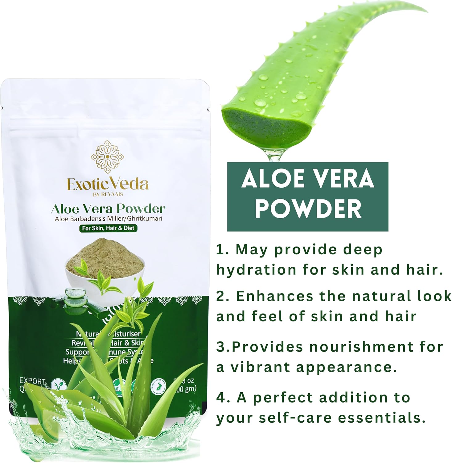 Organic Aloe Vera Powder for Hair, Skin, and Face - Premium Blend with Amla, Neem, and Horticultural Aloe - Fresh and Pure Juice from Exotic Veda