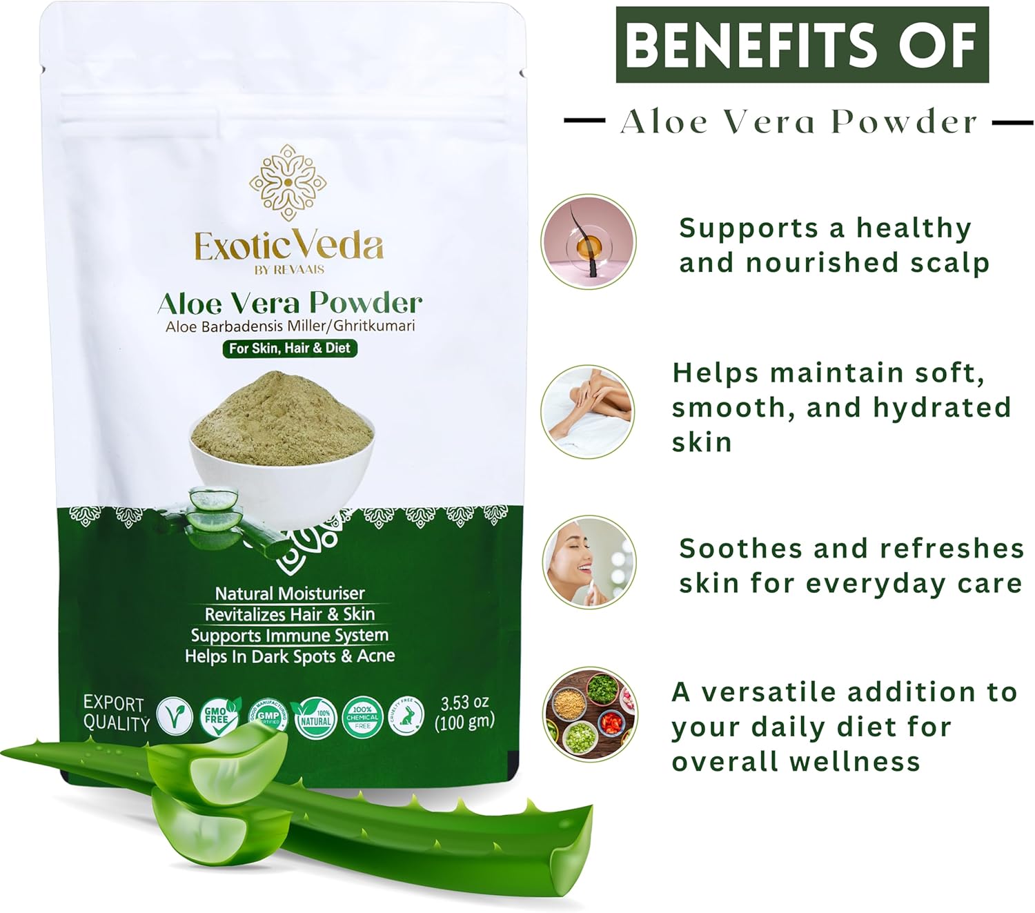 Organic Aloe Vera Powder for Hair, Skin, and Face - Premium Blend with Amla, Neem, and Horticultural Aloe - Fresh and Pure Juice from Exotic Veda