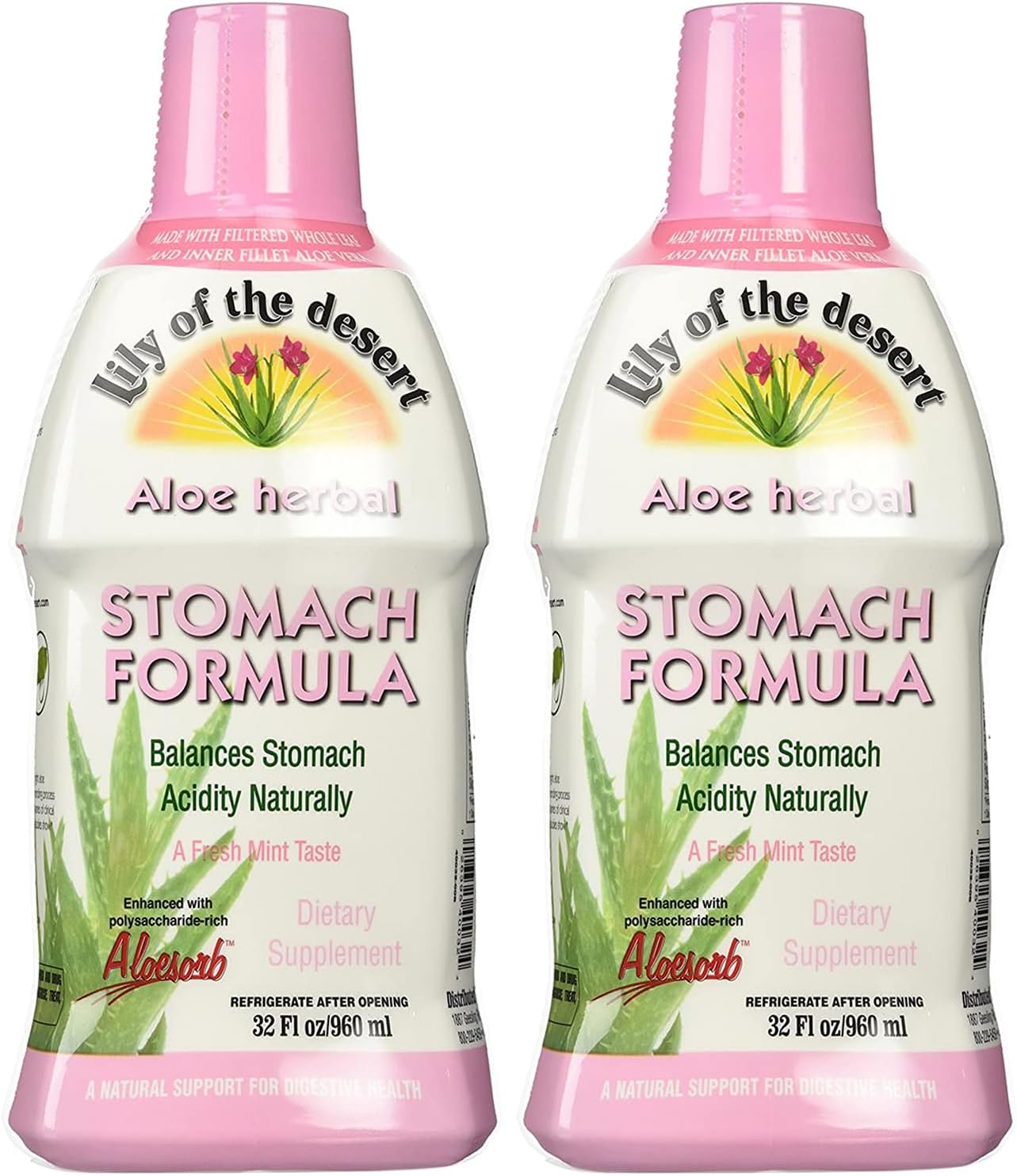 Organic Aloe Vera Stomach Formula with Slippery Elm, Chamomile, Peppermint, and Ginger for Gut Health - 32 Oz (Pack of 2)