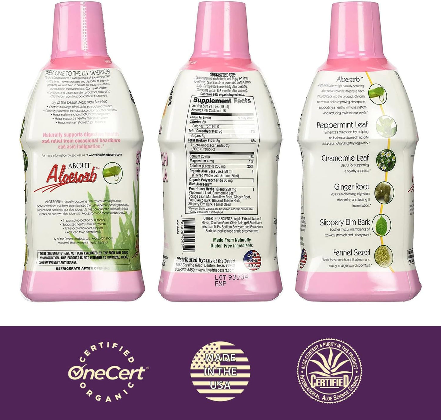 Organic Aloe Vera Stomach Formula with Slippery Elm, Chamomile, Peppermint, and Ginger for Gut Health - 32 Oz (Pack of 2)