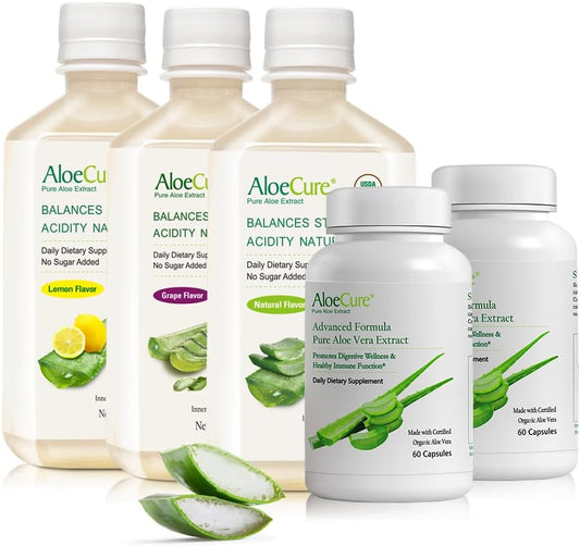 Organic AloeCure Digestion Set - 5 Pack with Aloe Vera Juice and Capsules