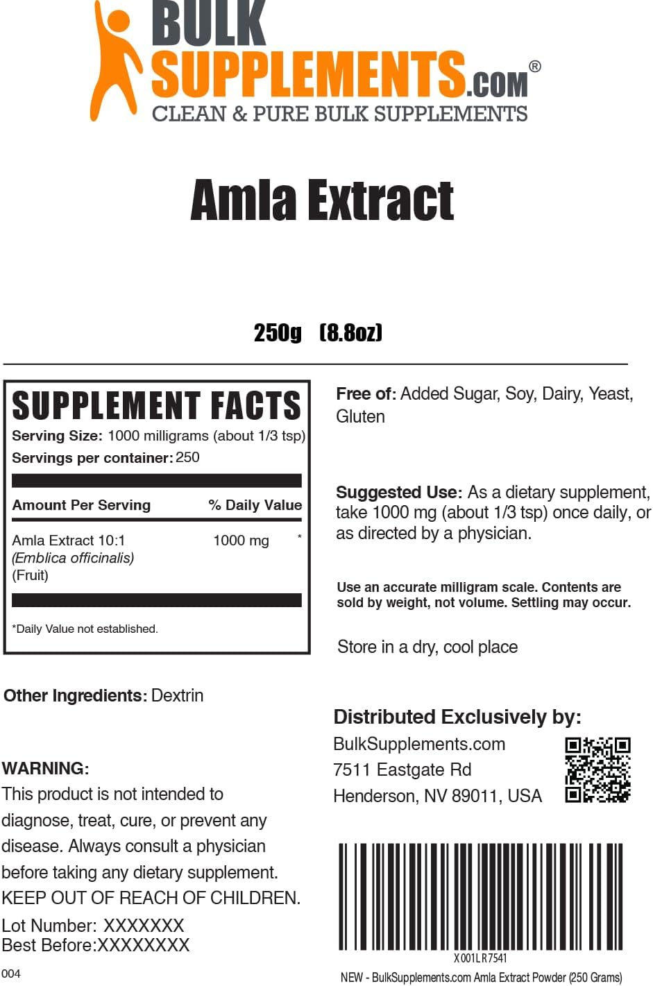 Organic Amla Extract Powder - Pure Indian Gooseberry Supplement - Gluten Free, 1000mg per Serving - 250g (8.8 oz) Pack of 1