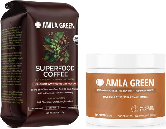 Organic Amla Green Ground Coffee & Powder Supplement with Pumpkin Spice - Ultra Concentrated 20x Amla Boost