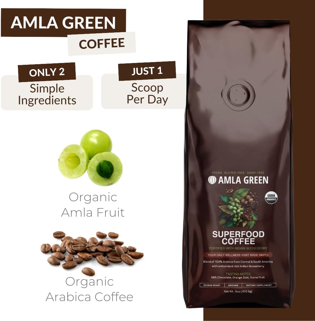 Organic Amla Green Ground Coffee & Powder Supplement with Pumpkin Spice - Ultra Concentrated 20x Amla Boost