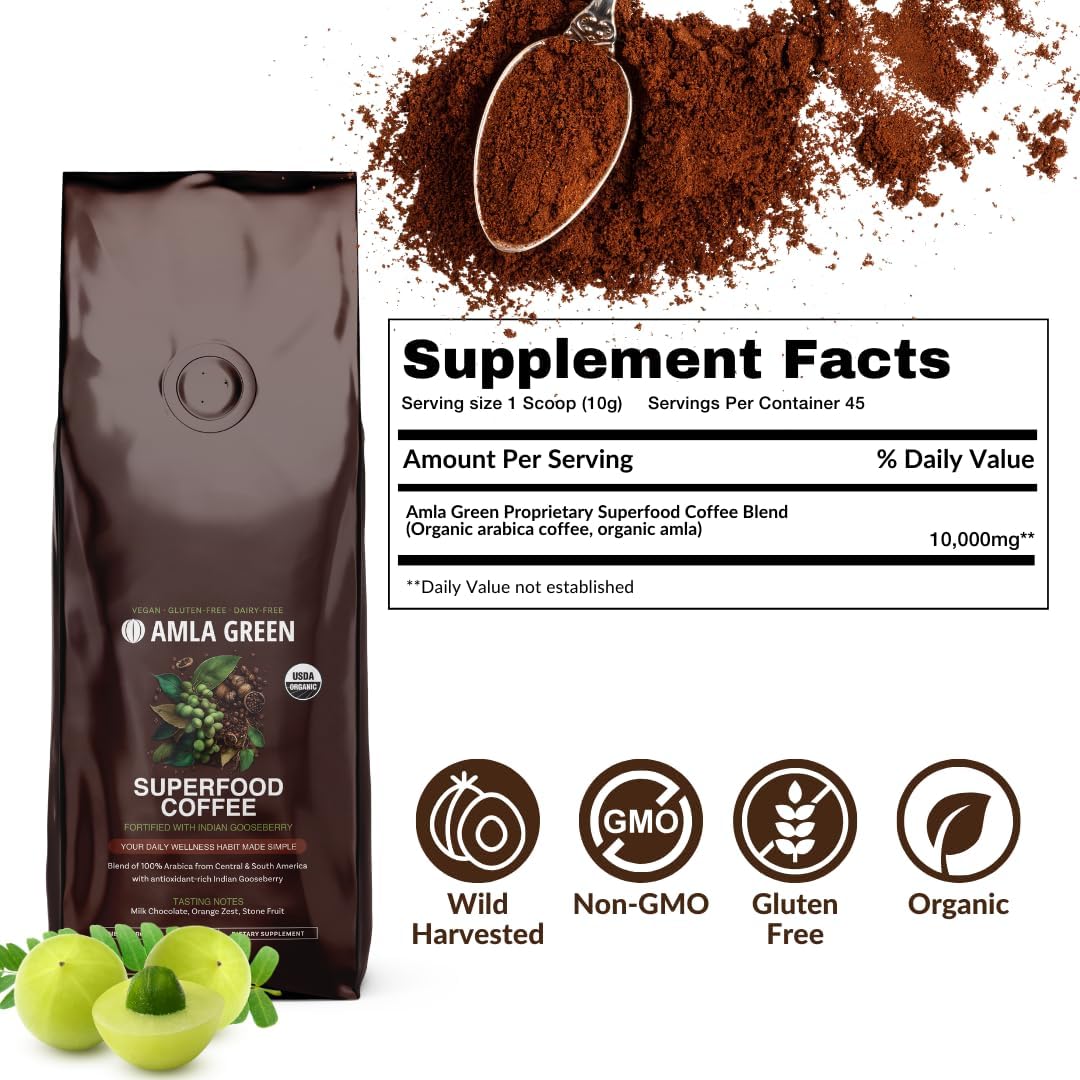 Organic Amla Green Ground Coffee & Powder Supplement with Pumpkin Spice - Ultra Concentrated 20x Amla Boost