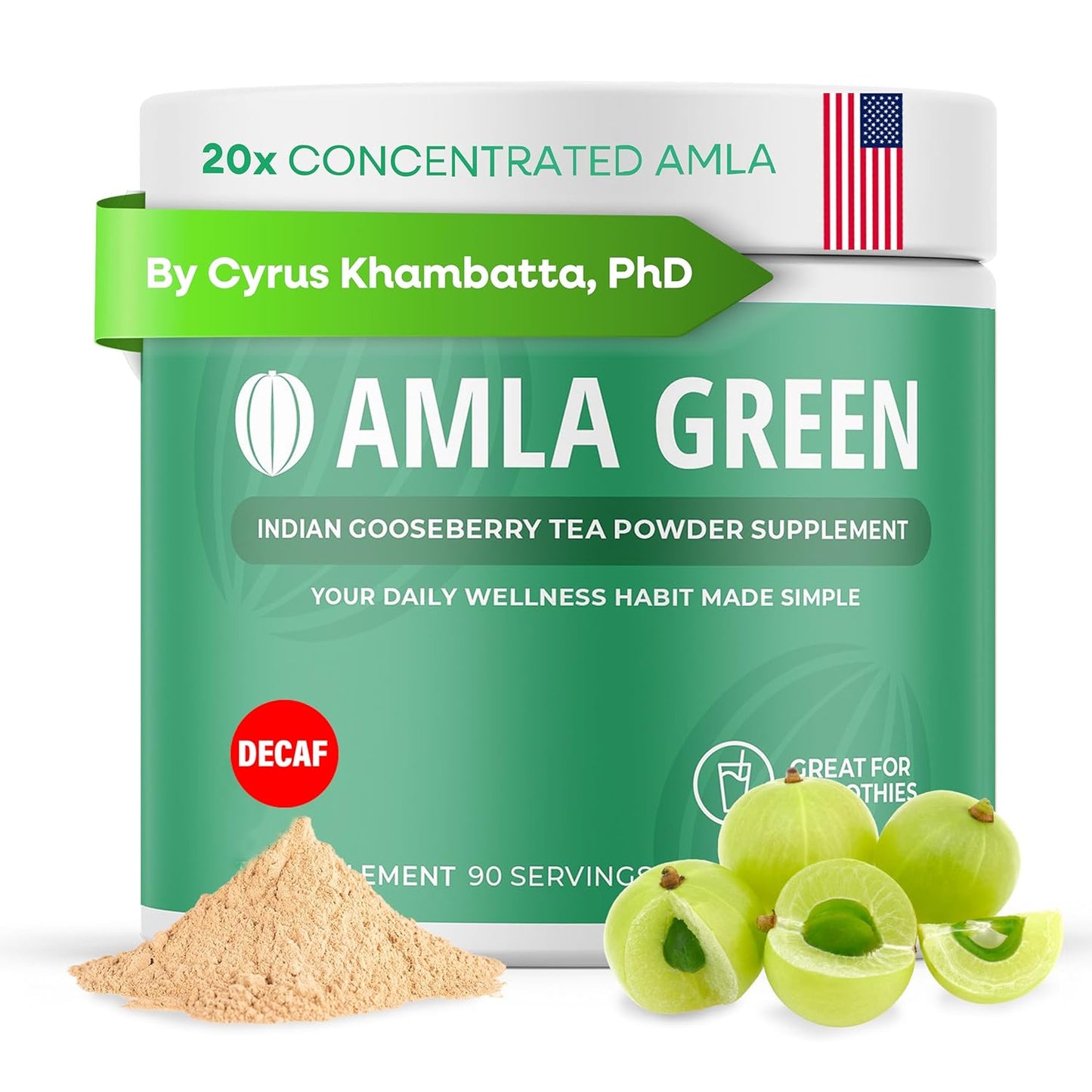 Organic Amla Green Powder & Decaf Green Tea Superfood Supplement - Ultra Concentrated Amla & Oolong Tea Blend, 90 Servings
