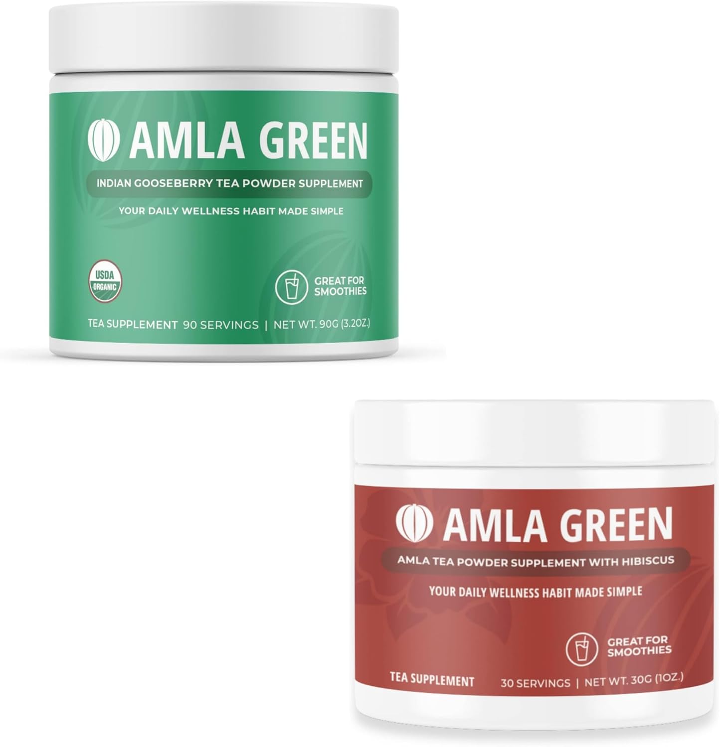 Organic Amla Green Powder & Green Tea Supplement with Antioxidant Support - 90 Servings of Indian Gooseberry & 30 Servings of Hibiscus - Vegan