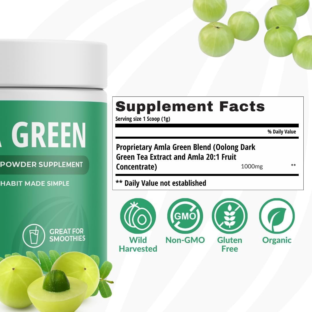 Organic Amla Green Powder & Green Tea Supplement with Antioxidant Support - 90 Servings of Indian Gooseberry & 30 Servings of Hibiscus - Vegan