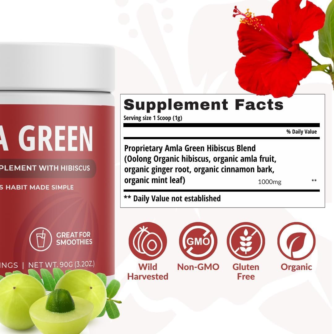 Organic Amla Green Powder & Green Tea Supplement with Antioxidant Support - 90 Servings of Indian Gooseberry & 30 Servings of Hibiscus - Vegan