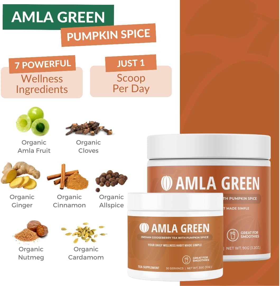 Organic Amla Green Tea Supplement with Pumpkin Spice, Elderberry - Vegan Superfood Powder (30 Servings)