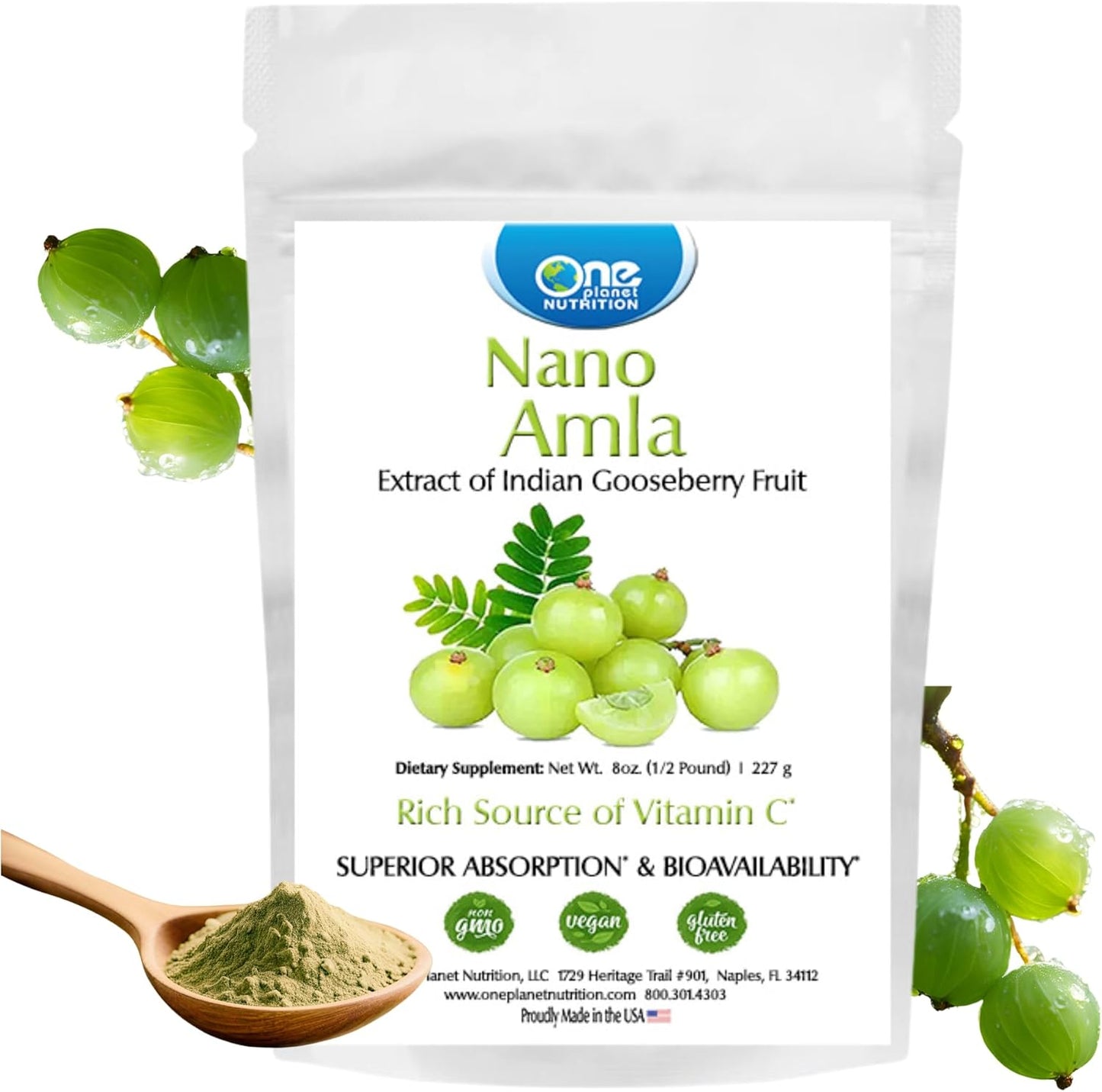 Organic Amla Powder 8 oz - High Vitamin C for Collagen & Immune Support - Vegan & Gluten-Free - Non-GMO - Nano Amla Fruit Extract - 227 Servings
