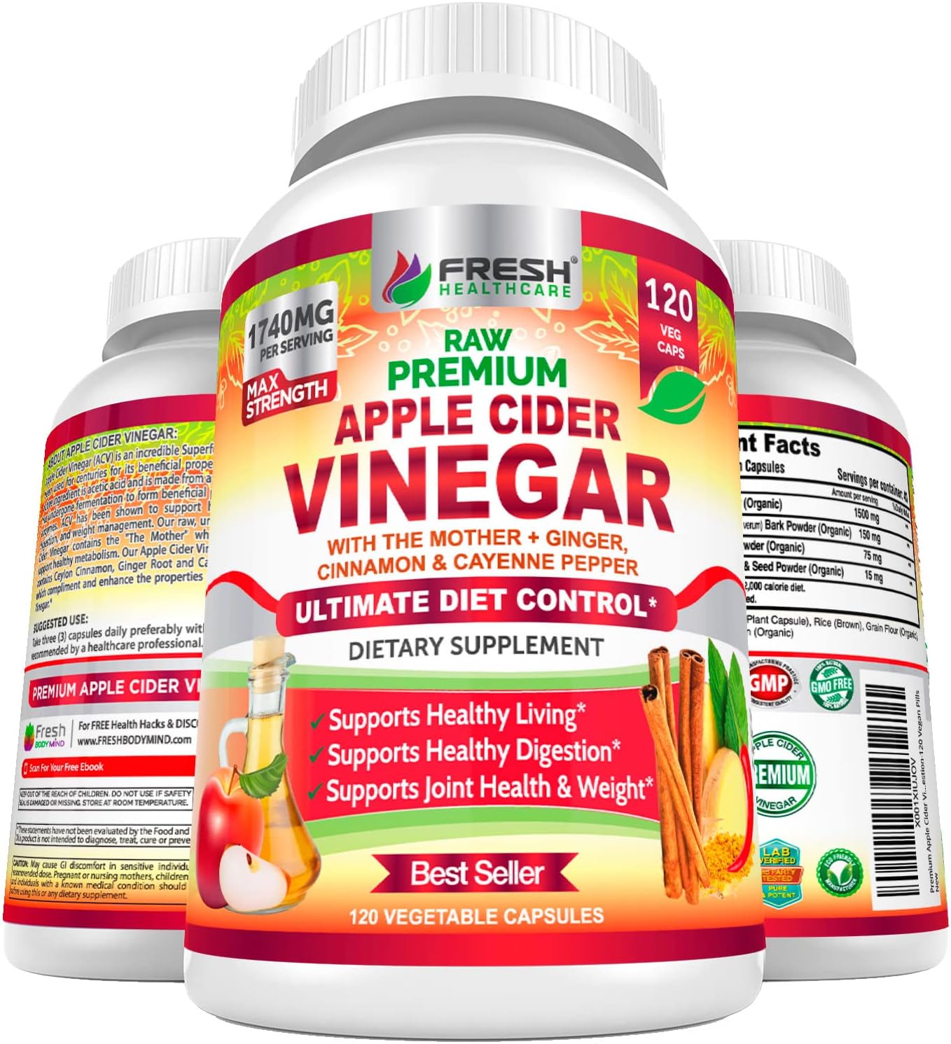 Organic Apple Cider Vinegar Capsules 1740mg with Mother - Natural Detox & Digestion Support with Cinnamon, Ginger & Cayenne - 120 Vegan Pills for Healthy Living