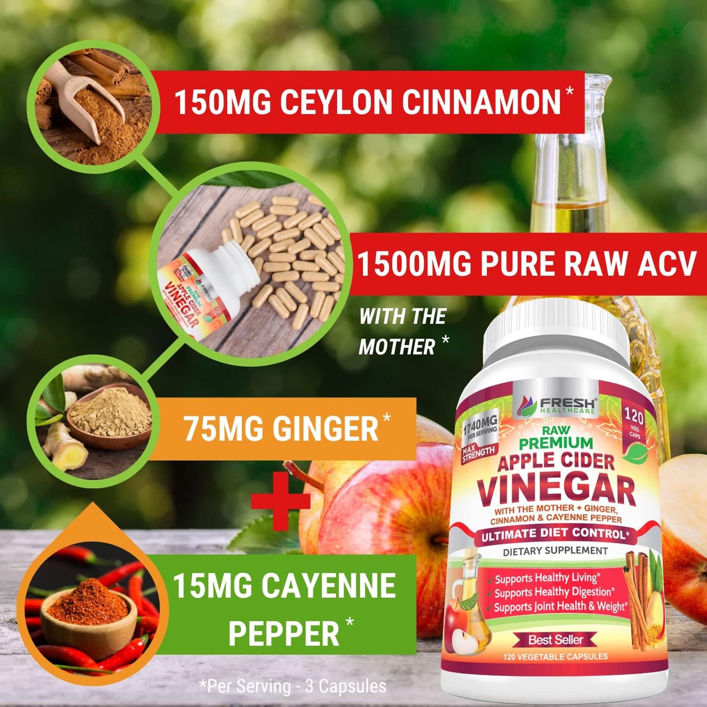 Organic Apple Cider Vinegar Capsules 1740mg with Mother - Natural Detox & Digestion Support with Cinnamon, Ginger & Cayenne - 120 Vegan Pills for Healthy Living