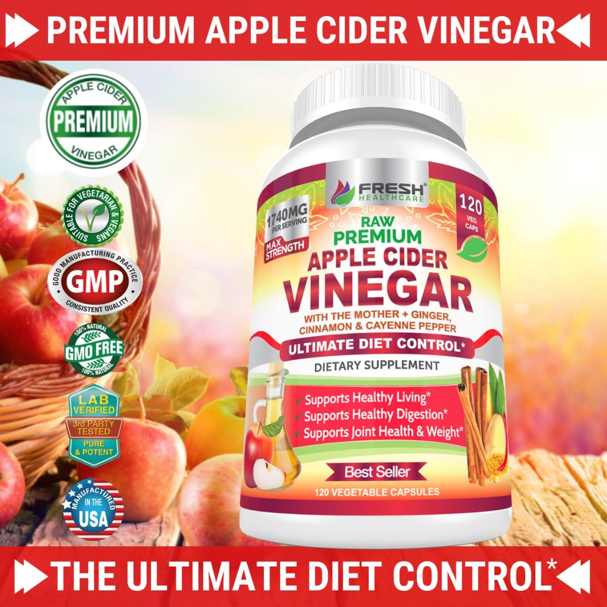 Organic Apple Cider Vinegar Capsules 1740mg with Mother - Natural Detox & Digestion Support with Cinnamon, Ginger & Cayenne - 120 Vegan Pills for Healthy Living