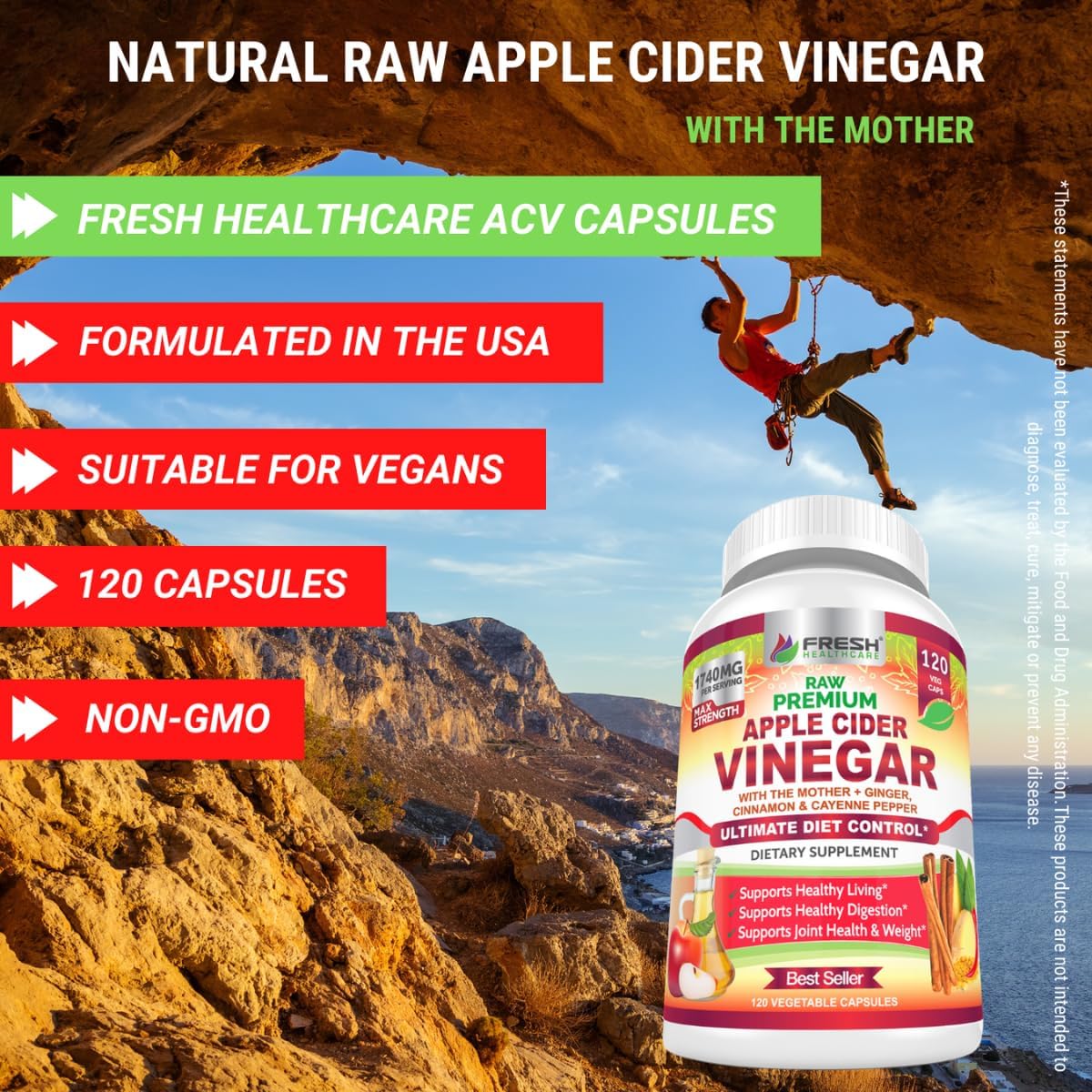 Organic Apple Cider Vinegar Capsules 1740mg with Mother - Natural Detox & Digestion Support with Cinnamon, Ginger & Cayenne - 120 Vegan Pills for Healthy Living